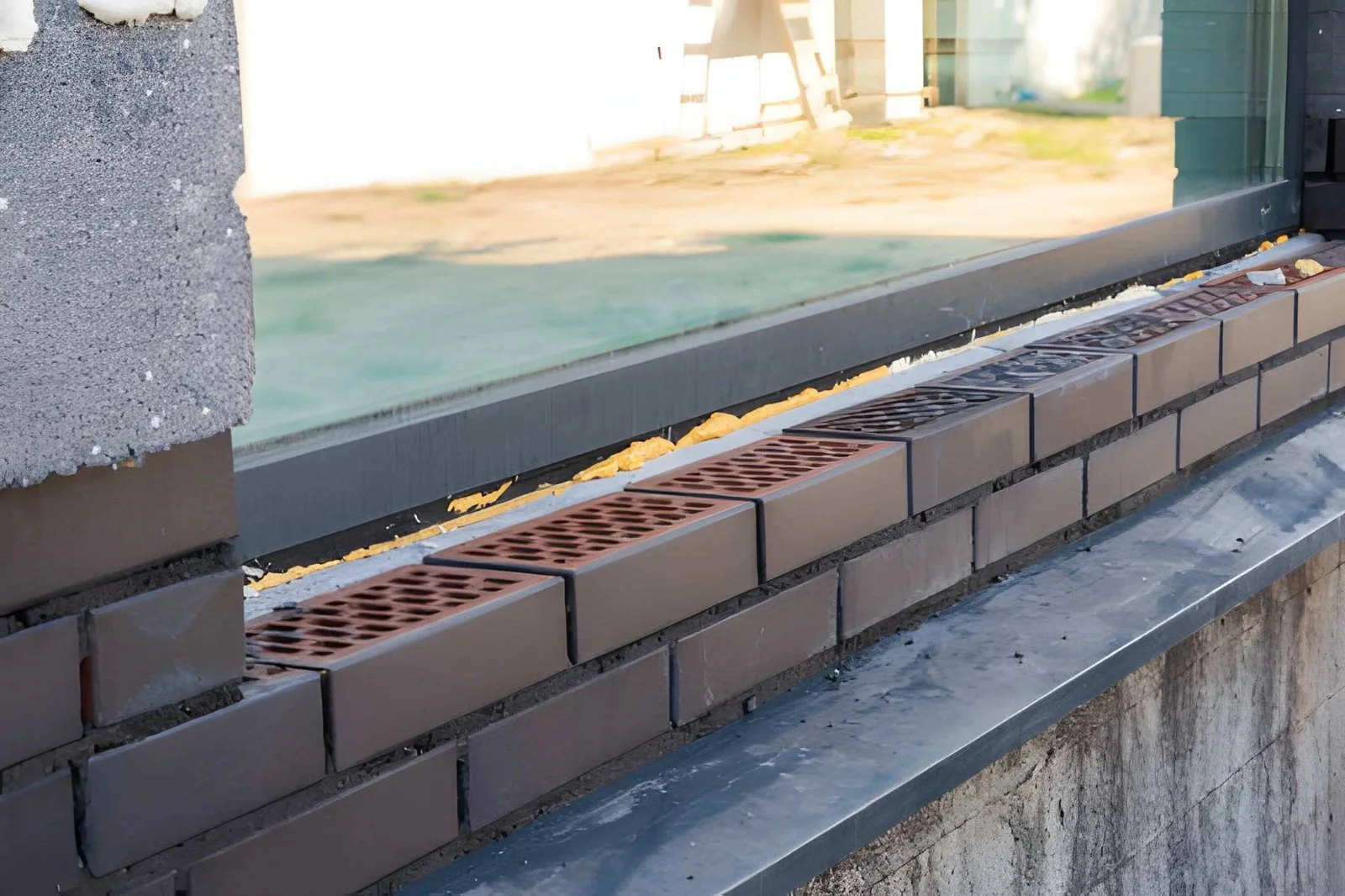Brick lintel and window sill repair with insulation and flashing by ABC Masonry and Stucco Contractors NYC