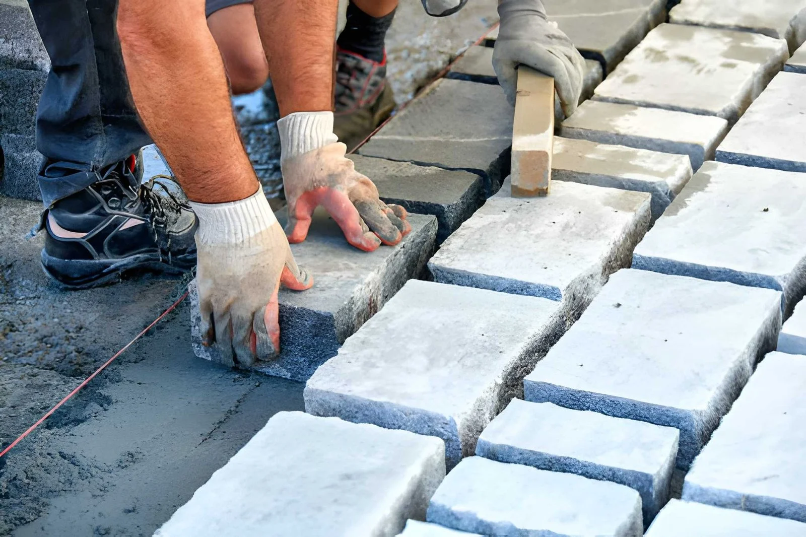 Stone contractor NYC installing granite pavers with string line alignment